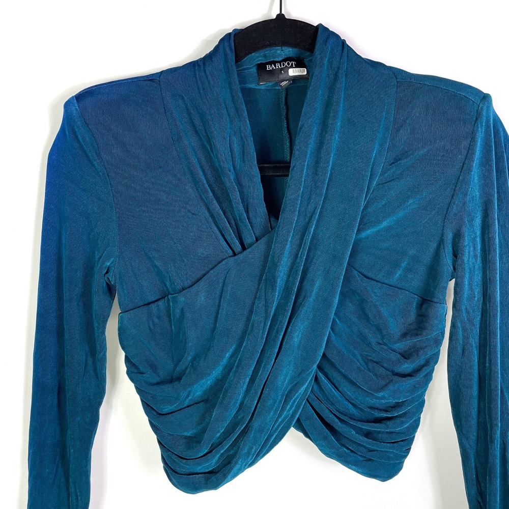 Bardot Wren Wrap Top Teal Blue Long Sleeve Cropped Ruched Criss Cross Sz S - Picture 7 of 11